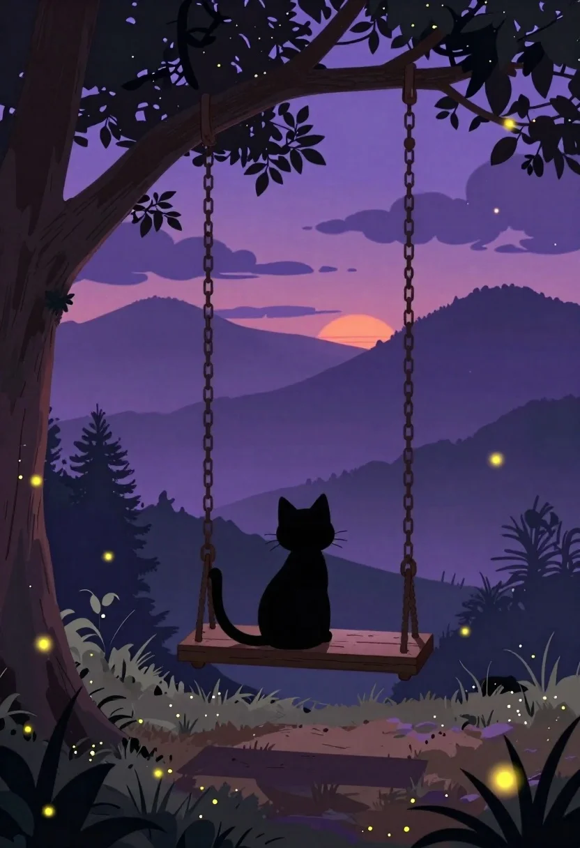 Subject Black Cat Sitting Wooden Swing Suspended Chains From Tree reference photo