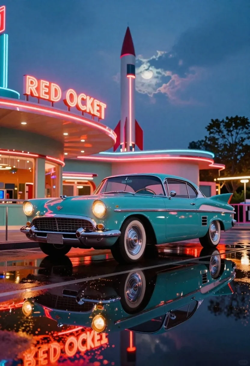 Retro-futuristic Scene Featuring Sleek Teal Streamlined Car Parked Front Vibrant reference photo