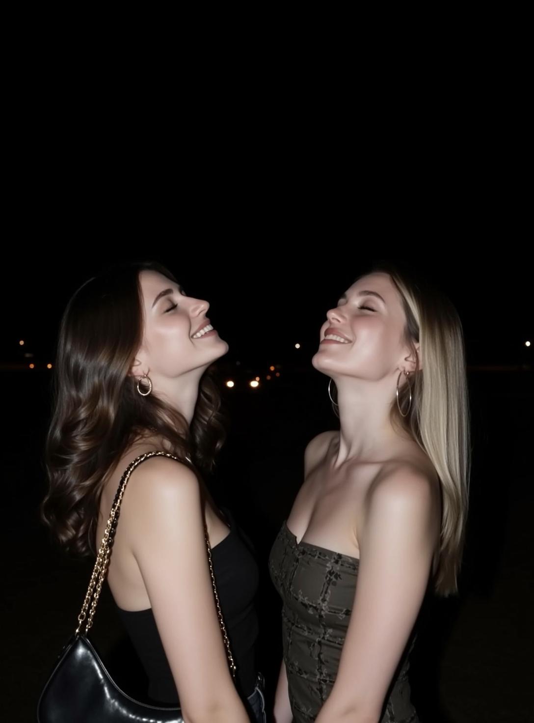 Two Young Women Laughing Outdoors At Night