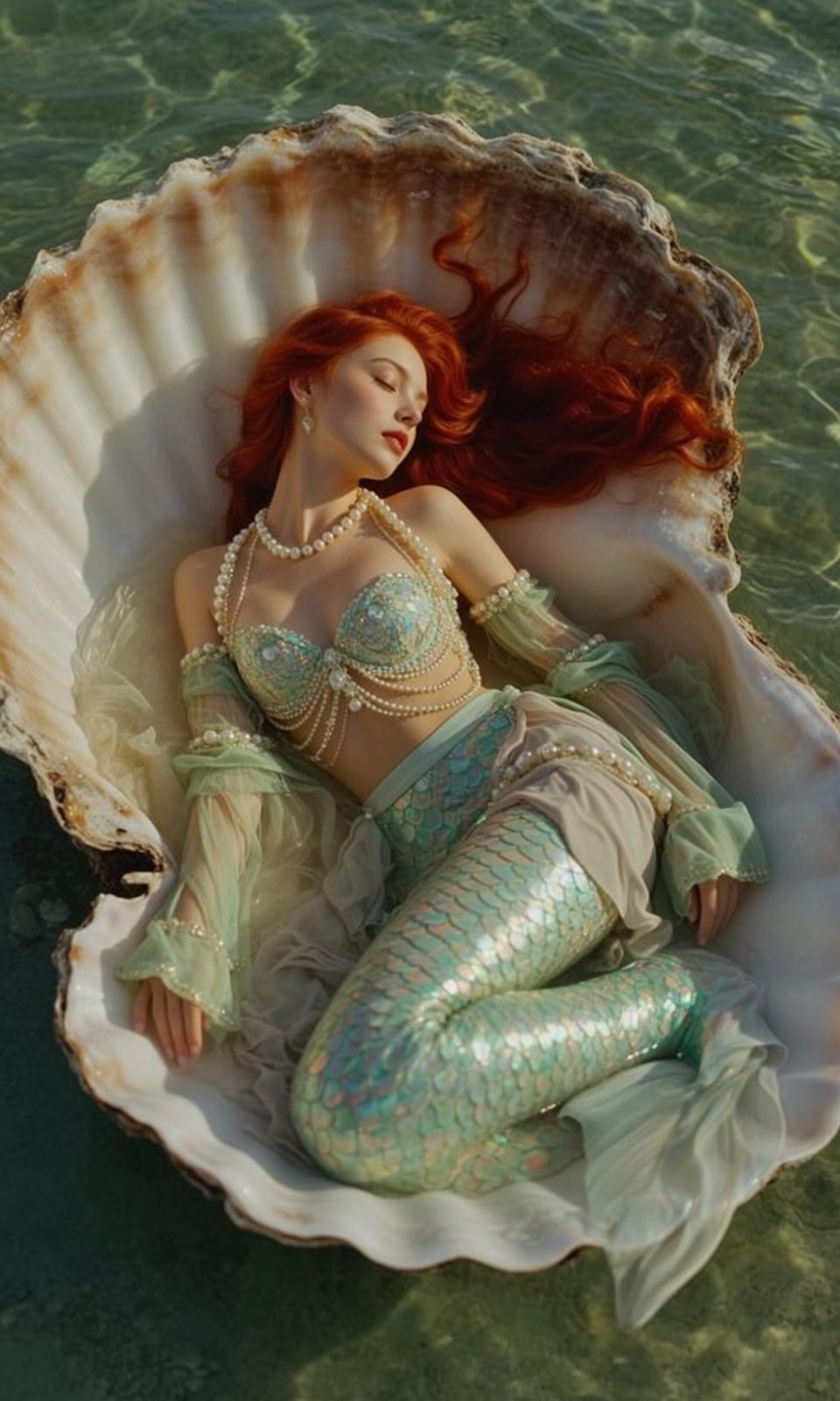Mermaid On Seashell Ocean Scene