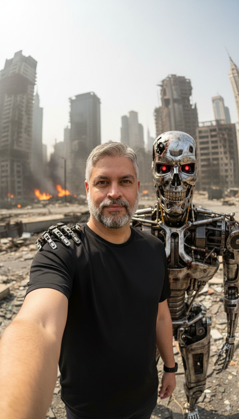 A detailed 3D selfie of a man with a T-800-style robot in an apocalyptic setting, showcasing natural skin texture and slight motion blur.
