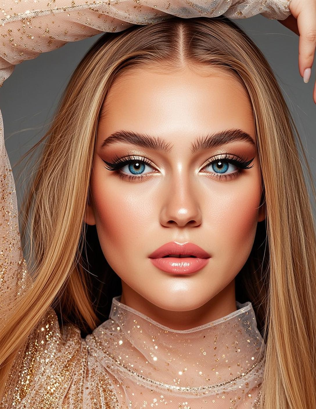 Photorealistic Portrait Young Woman With Striking Blue Eyes Her Hands