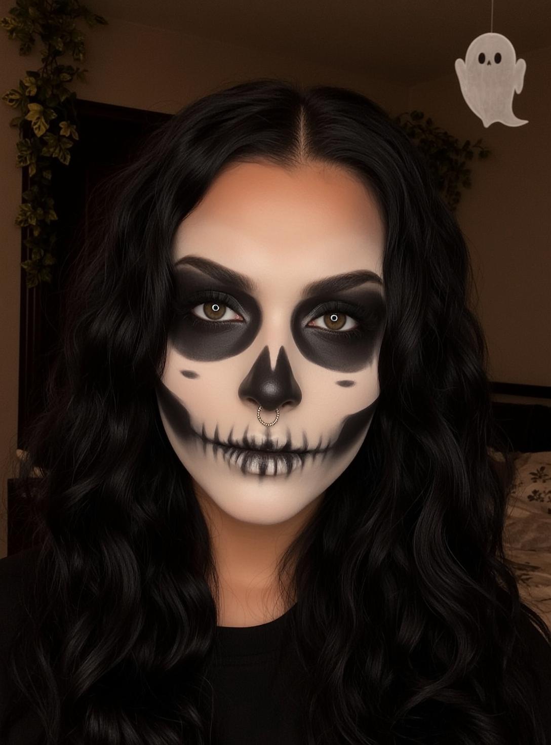 Halloween Makeup Young Skeleton Long Wavy Black