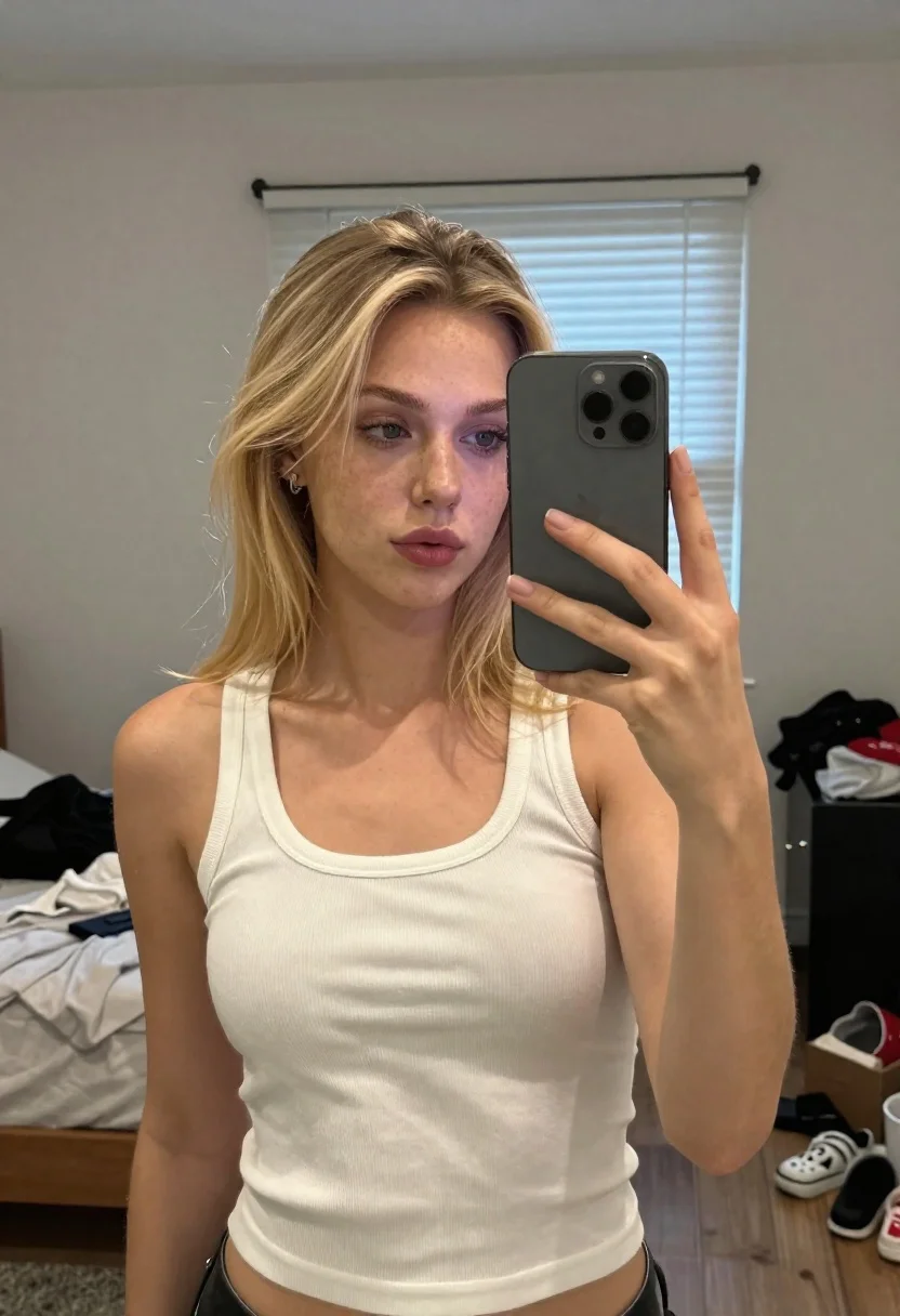 Realistic Mirror Selfie Young Woman With Shoulder-length Blonde Hair And reference photo