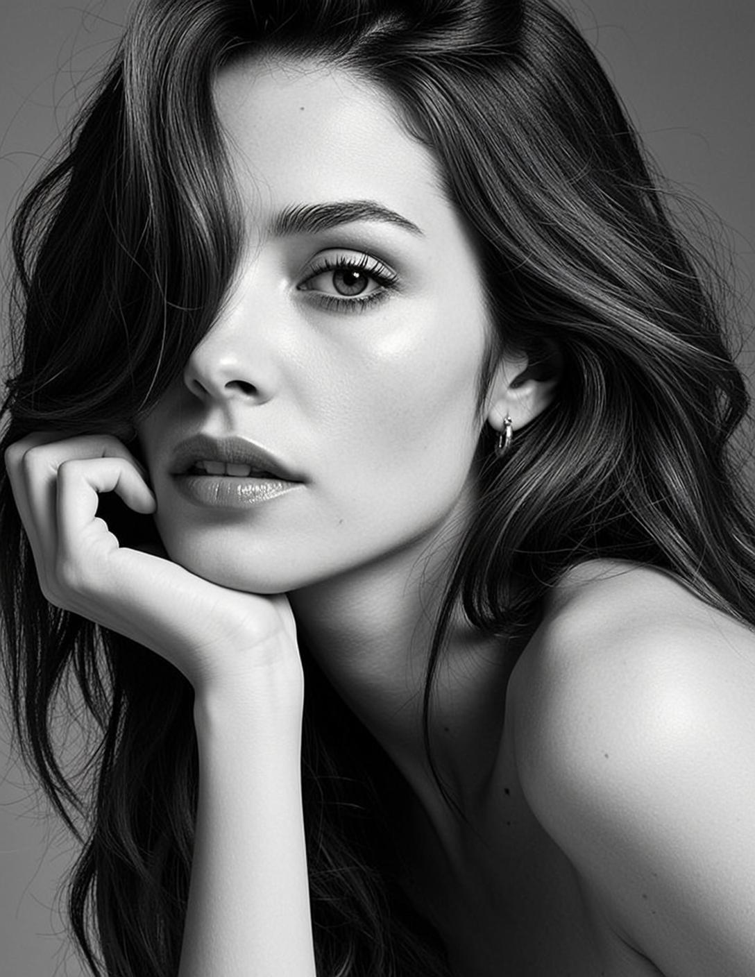 Photorealistic Black And White Medium Close-up Portrait Young Woman With
