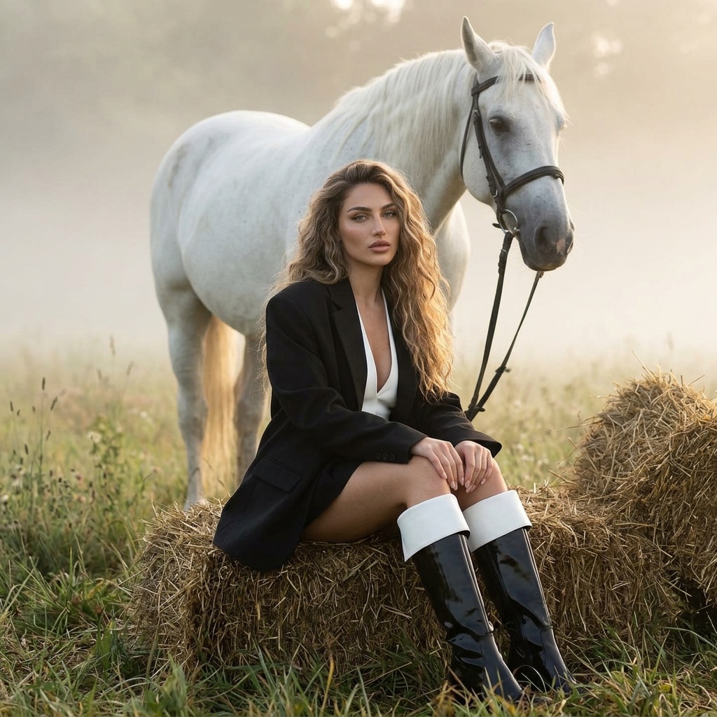 A woman in a black blazer sits gracefully on a hay bale in a foggy countryside with a white horse behind her.