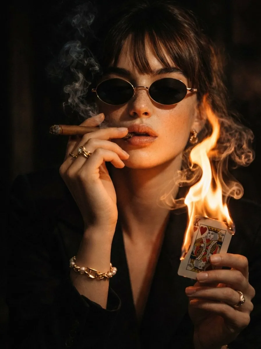 Stylish Woman Dark Suit Oval Sunglasses Smoking Cigar Burning King