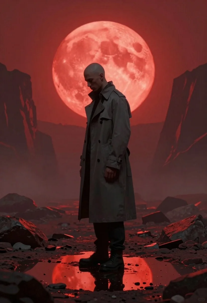 Cinematic Digital Art Piece Featuring Solitary Figure Standing Desolate Landscape reference photo
