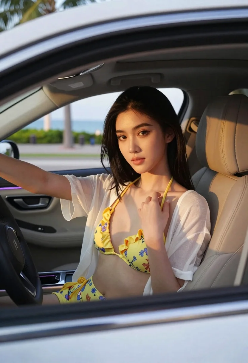 Woman With Long Dark Hair Sits The Driver Seat White