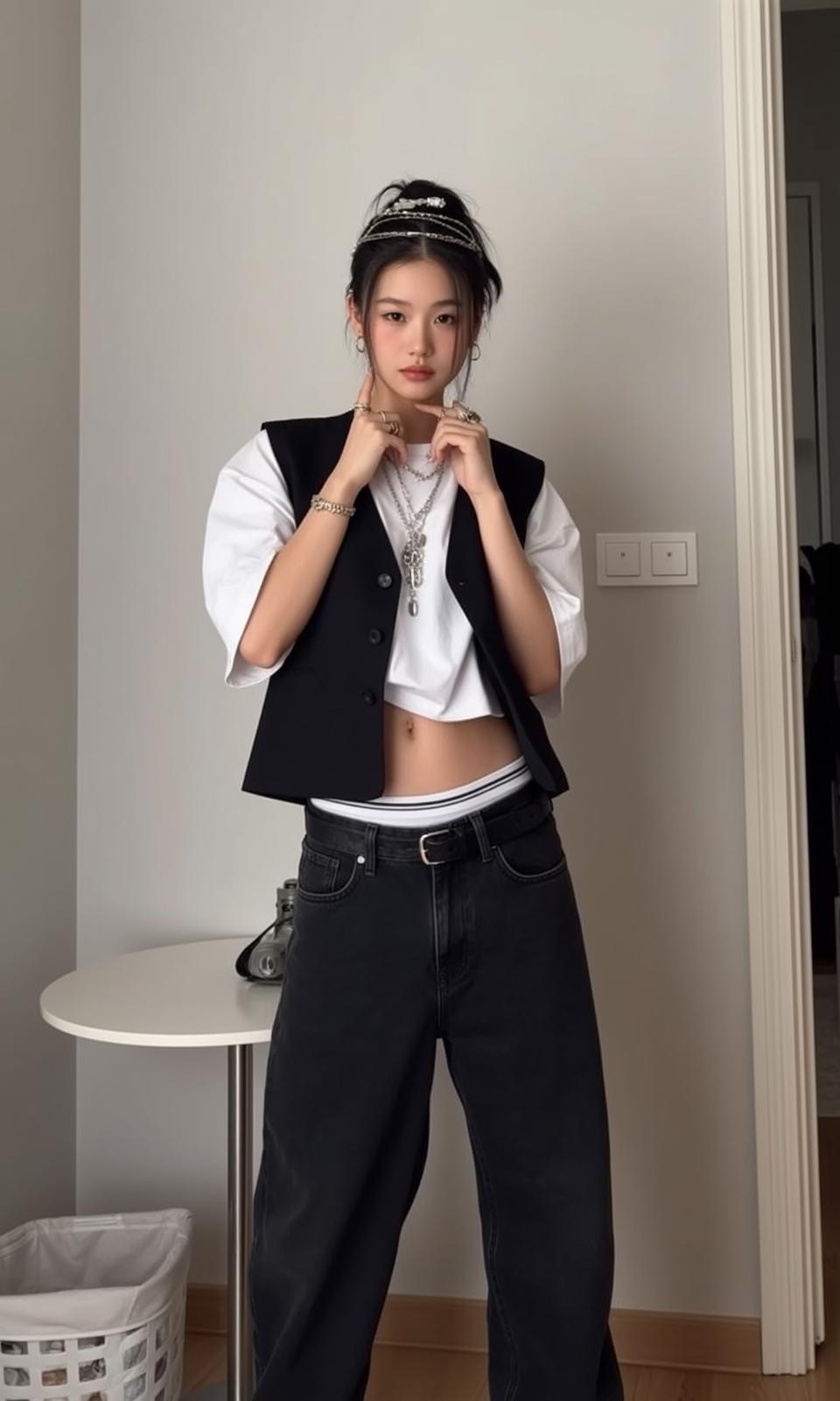 Casual Young Asian Black Pulled Messy Bun