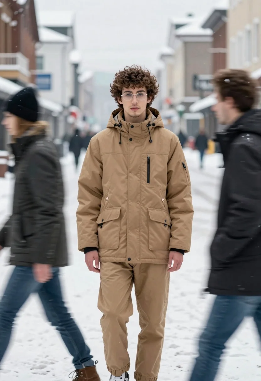 Young Man With Curly Brown Hair Stands Sharp Focus The
