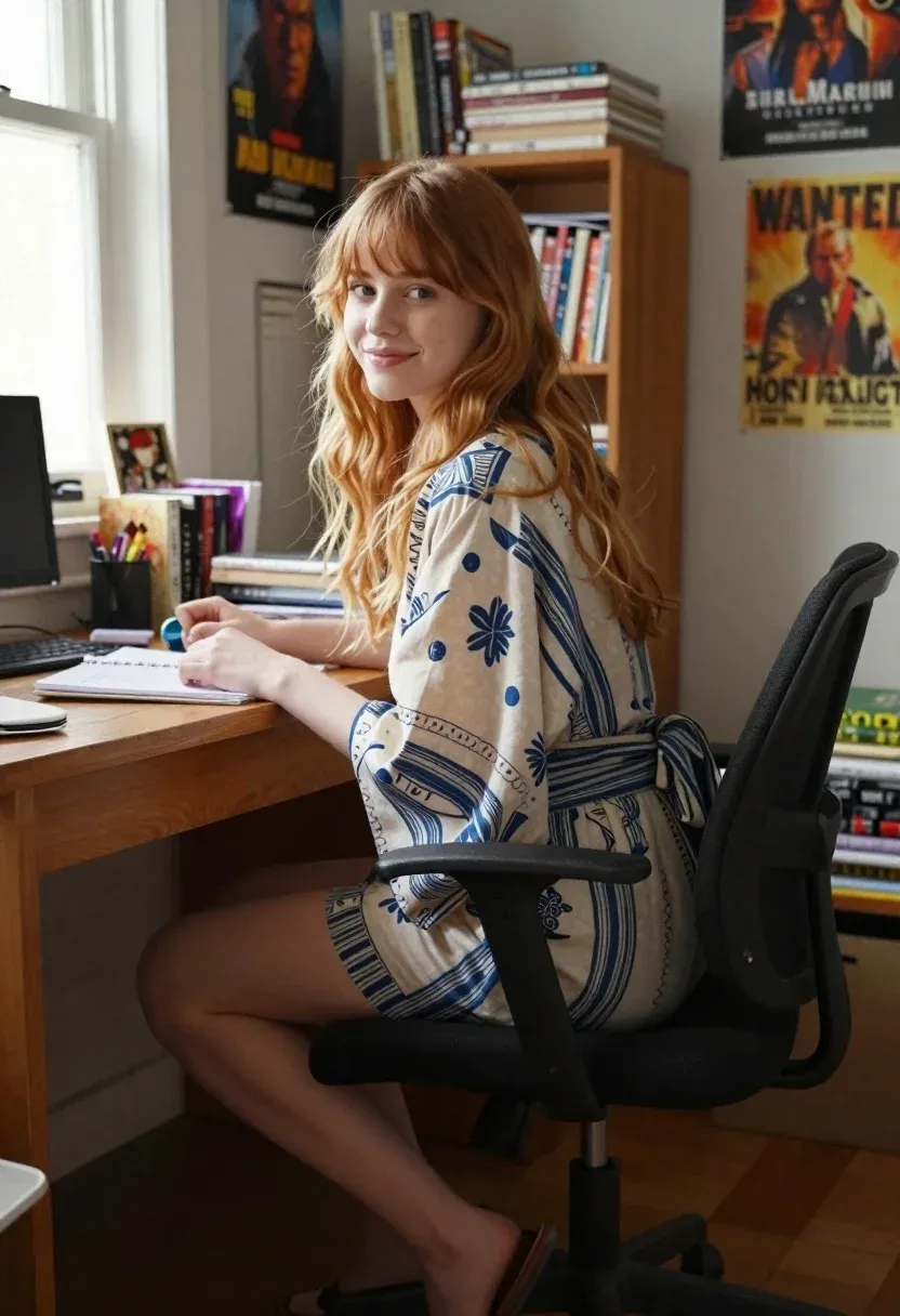 Young Woman With Long Wavy Strawberry Blonde Hair Sits Wooden