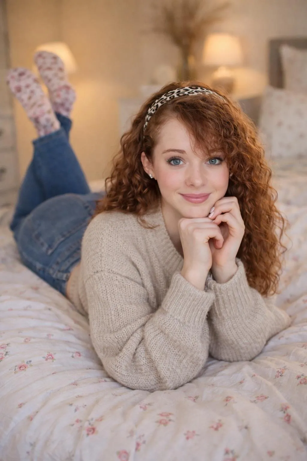 Hourglass Figure In Floral Bed Cozy Sweater And Jeans
