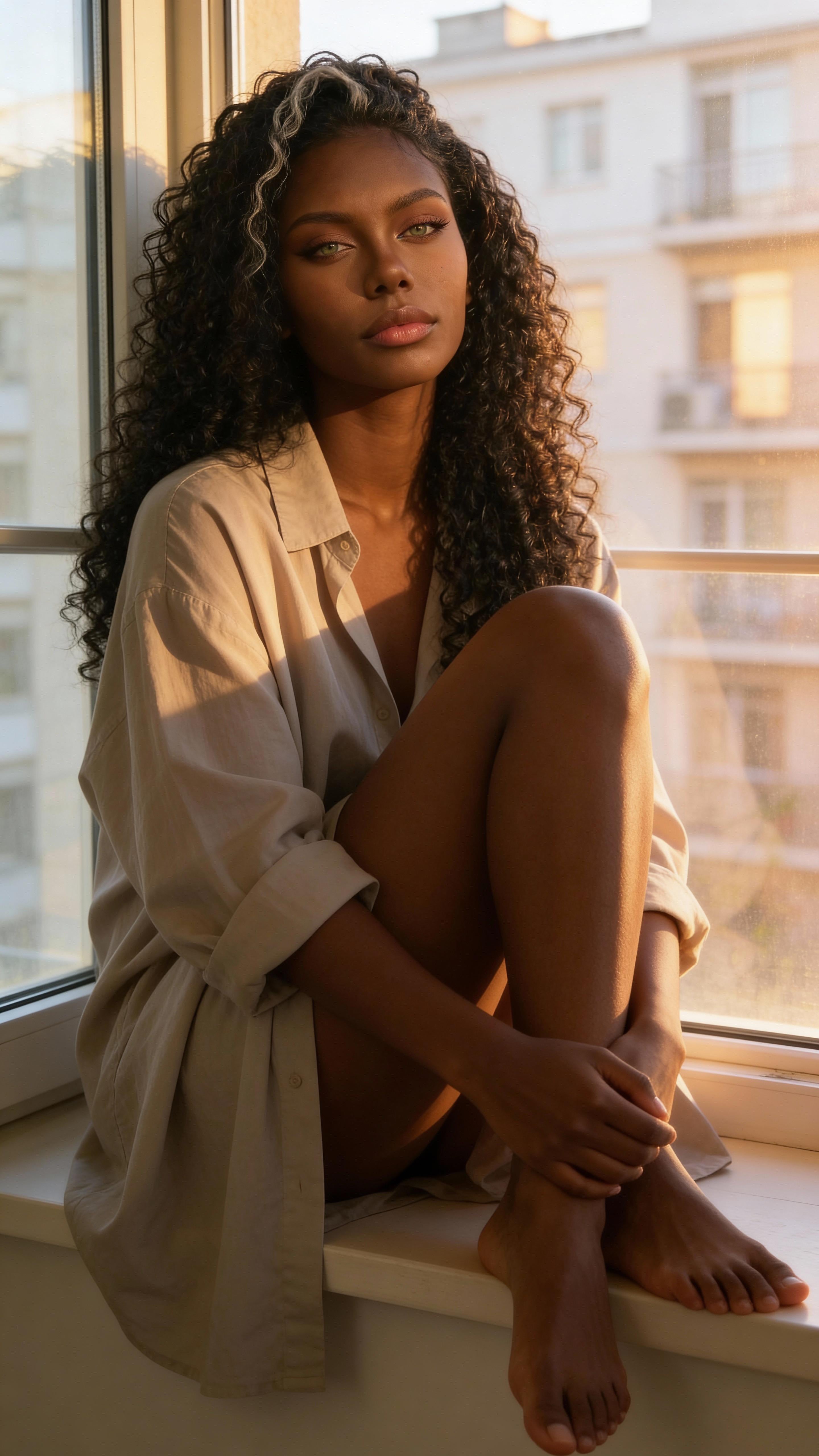 Beige Linen Shirt Golden Hour Windowsill Pose