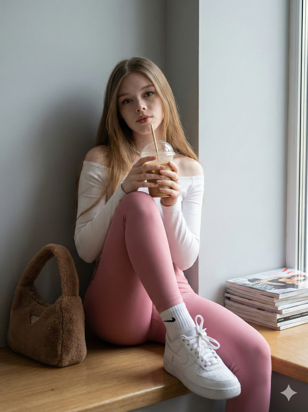 A woman sitting casually on a step indoors, wearing a fitted off-shoulder top and pink leggings, holding an iced coffee.