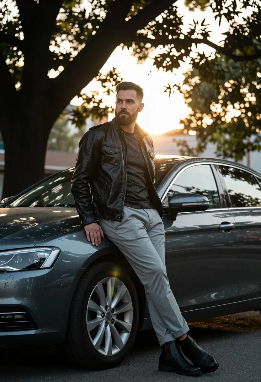Man Leans Casually Against The Front Fender Dark Sedan Sun-dappled
