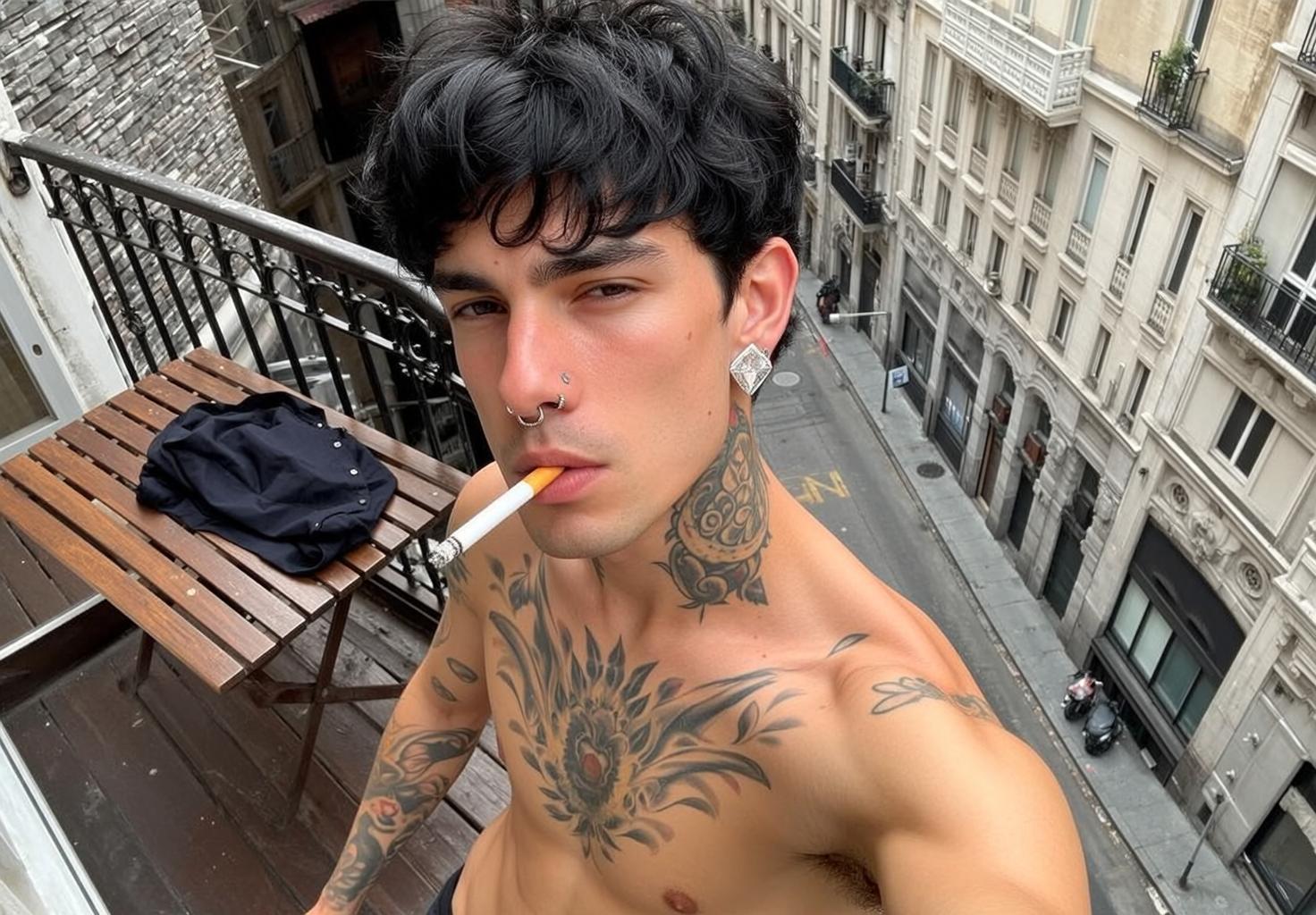 Tattooed Balcony Cigarette Portrait