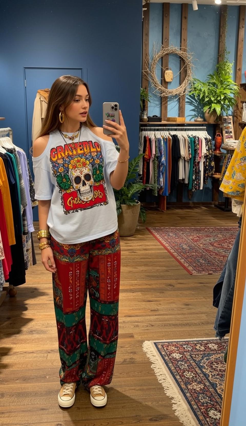 Skull Shirt Patterned Pants Mirror Selfie