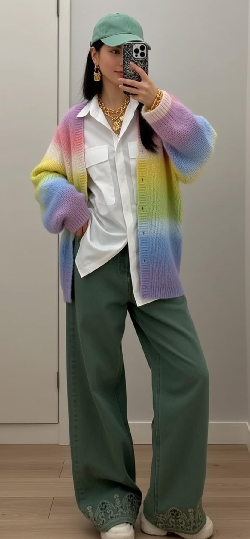 Rainbow Cardigan Green Pants Selfie