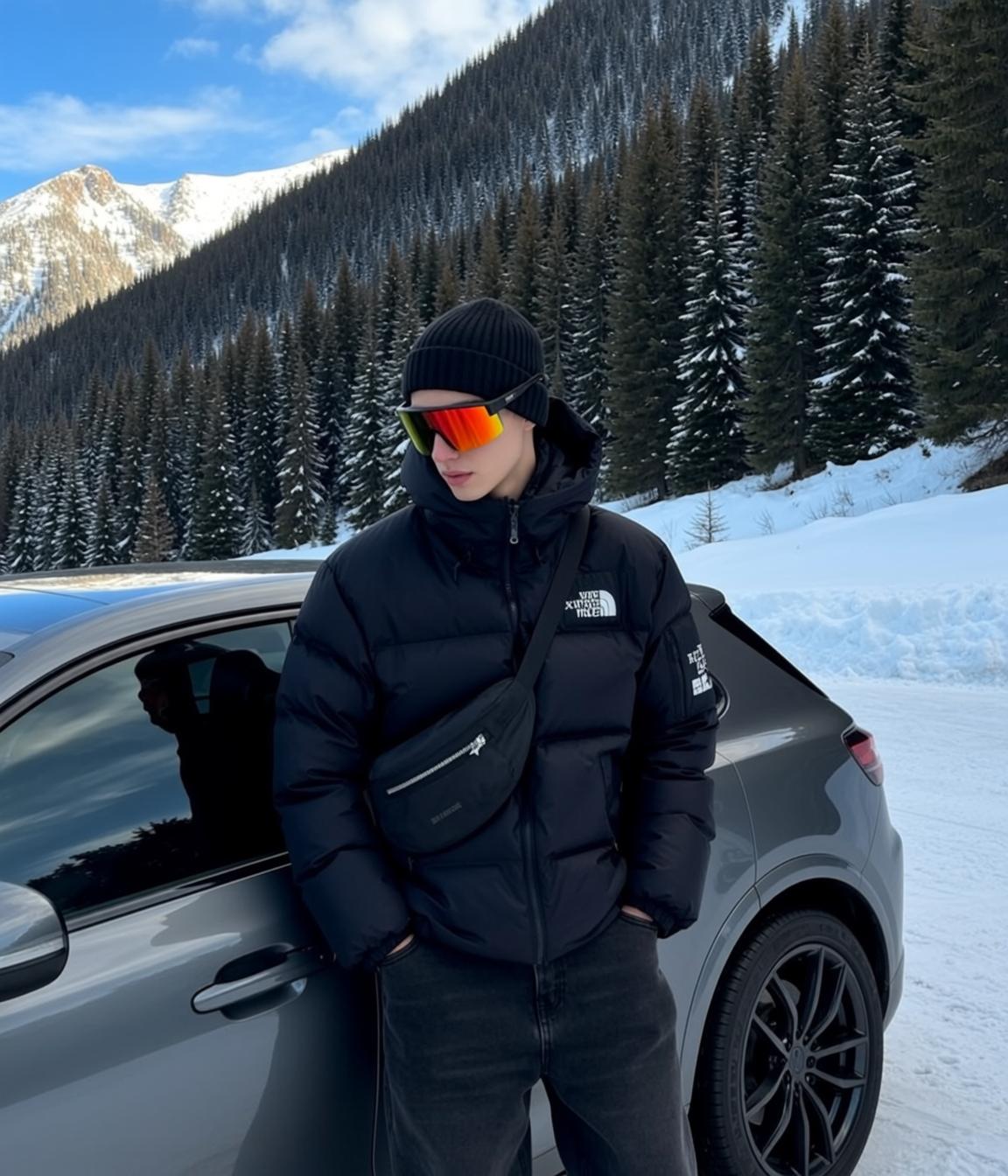 Young Man Black Puffer Jacket Black Beanie And Reflective Ski reference photo