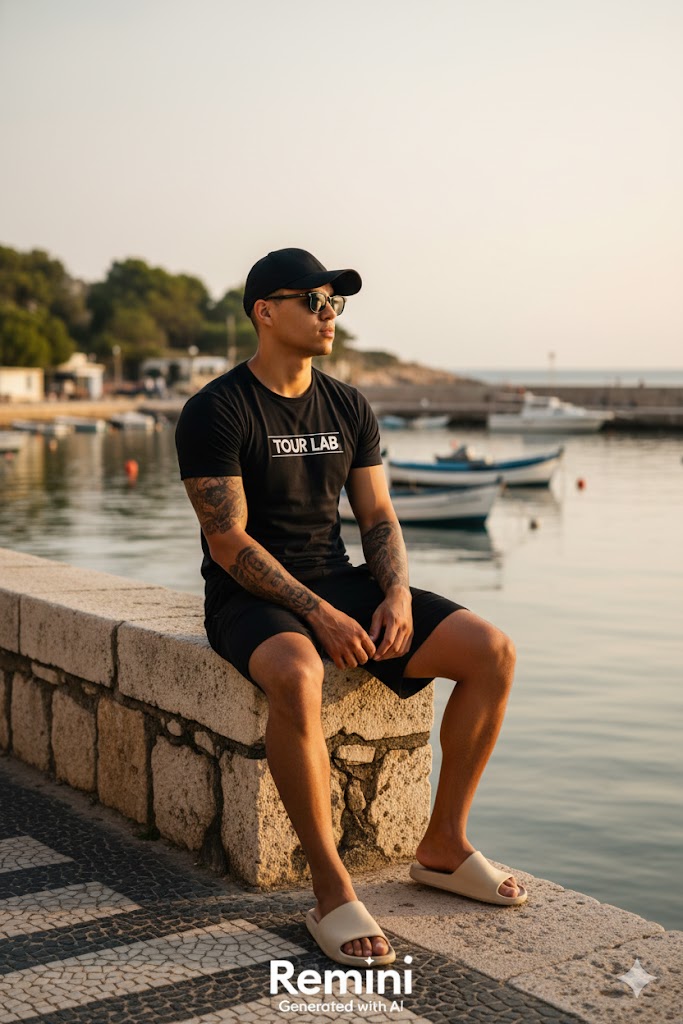 Muscular model sitting on a stone wall, wearing a black graphic tee and black shorts, gazing contemplatively towards the side.