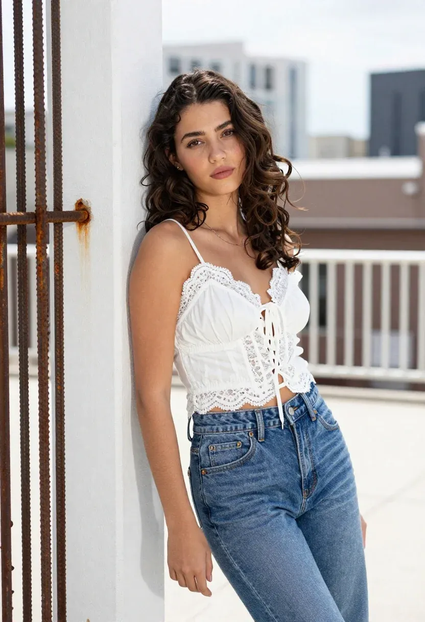 Young Woman With Wavy Brown Hair Leans Casually Against White