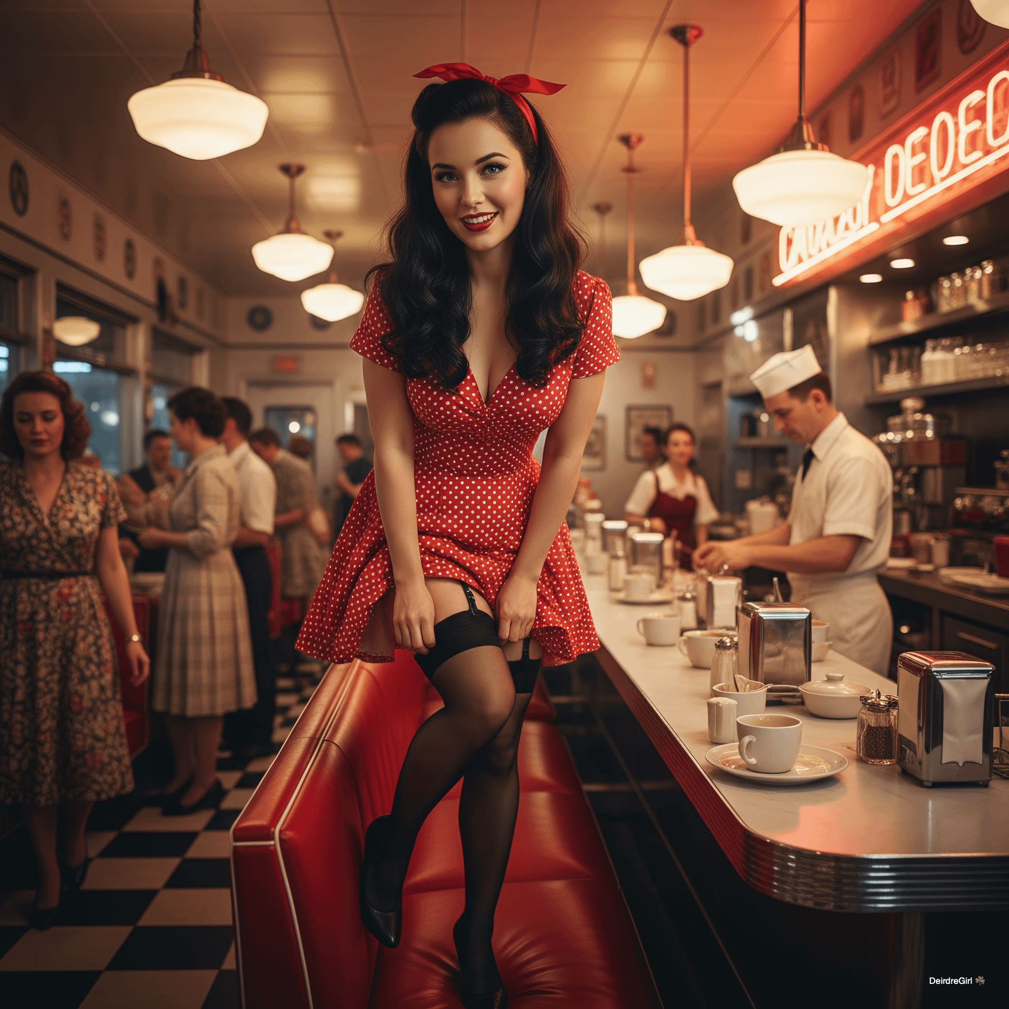 1950s Diner Red Polka Dot Dress Sweetheart Neckline