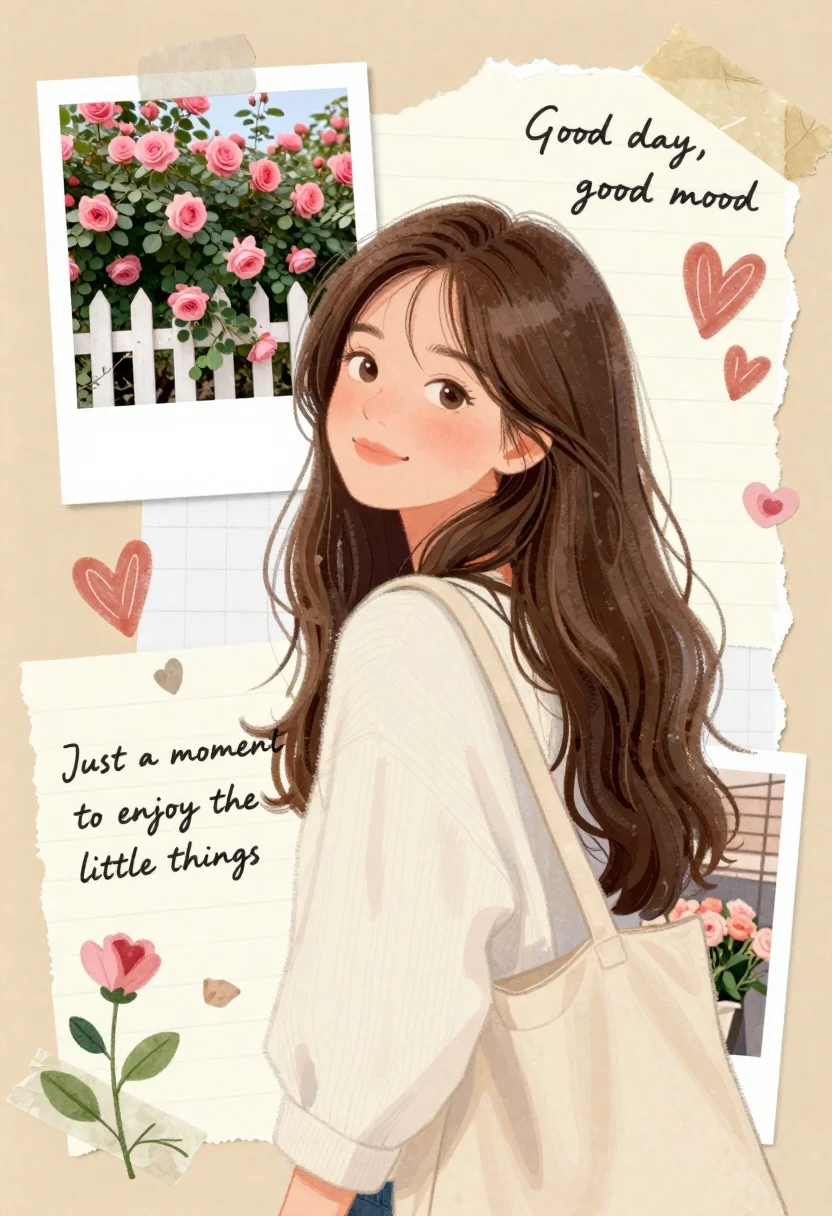 Soft Warm-toned Digital Collage Illustration Featuring Young Woman With Long