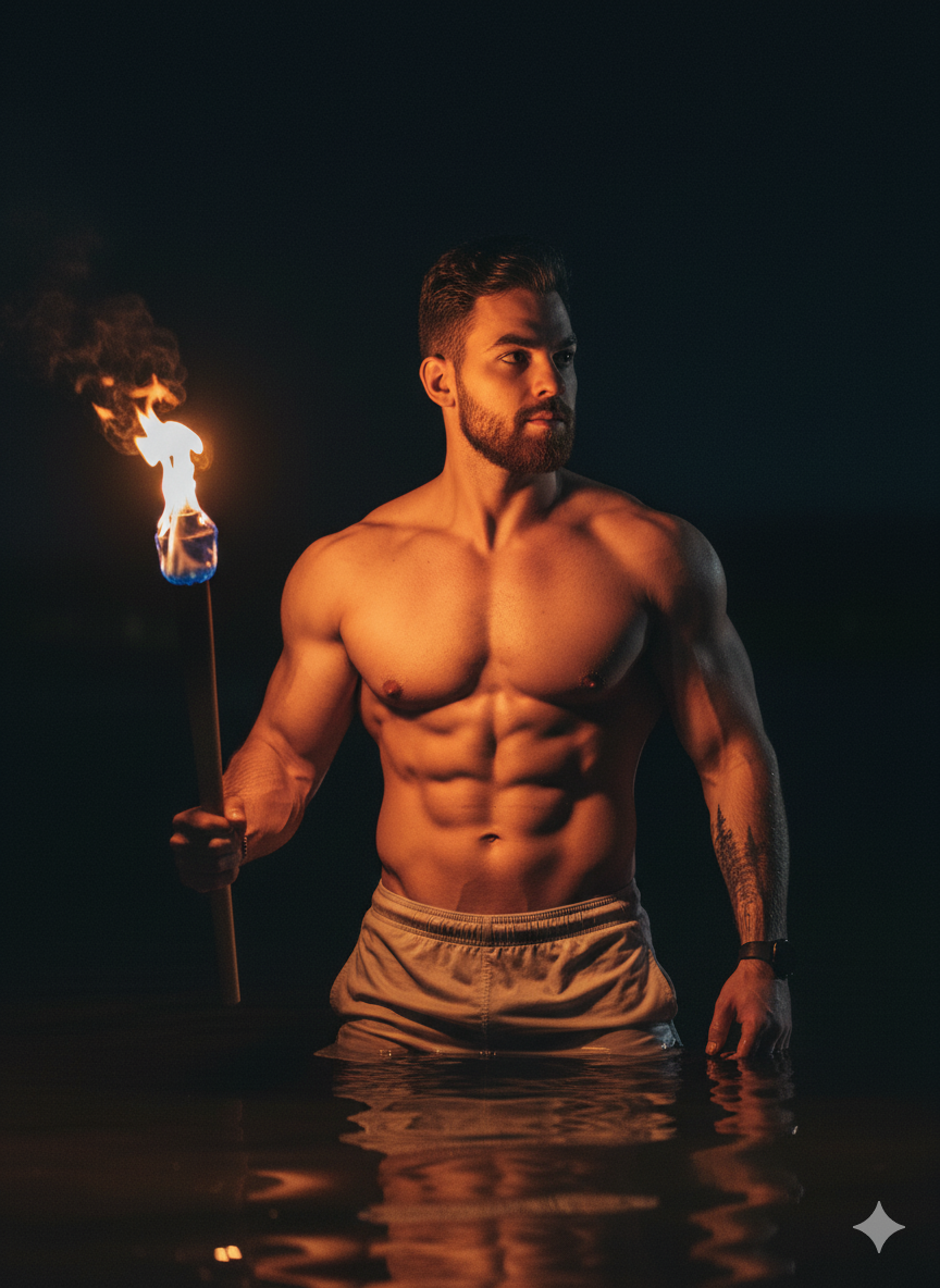 Homem musculoso segurando uma tocha flamejante na água escura à noite.