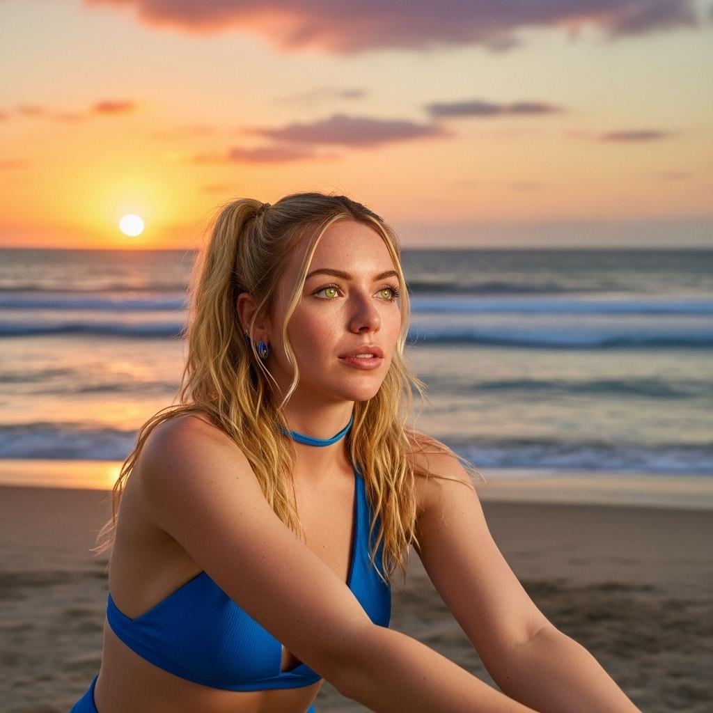Sandy Beach Sunset Blue Bikini Golden Hour