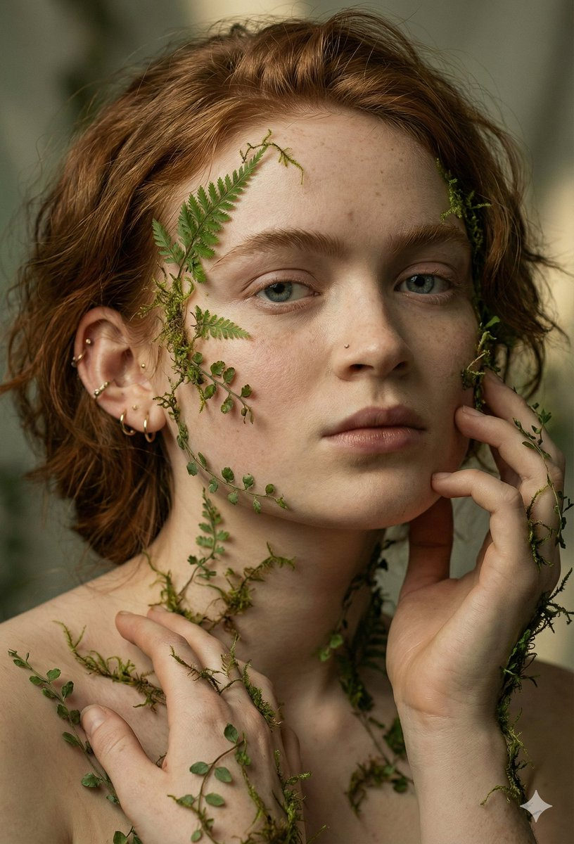 A serene young adult female portrait surrounded by organic botanical elements, showcasing realism and ethereal lighting.