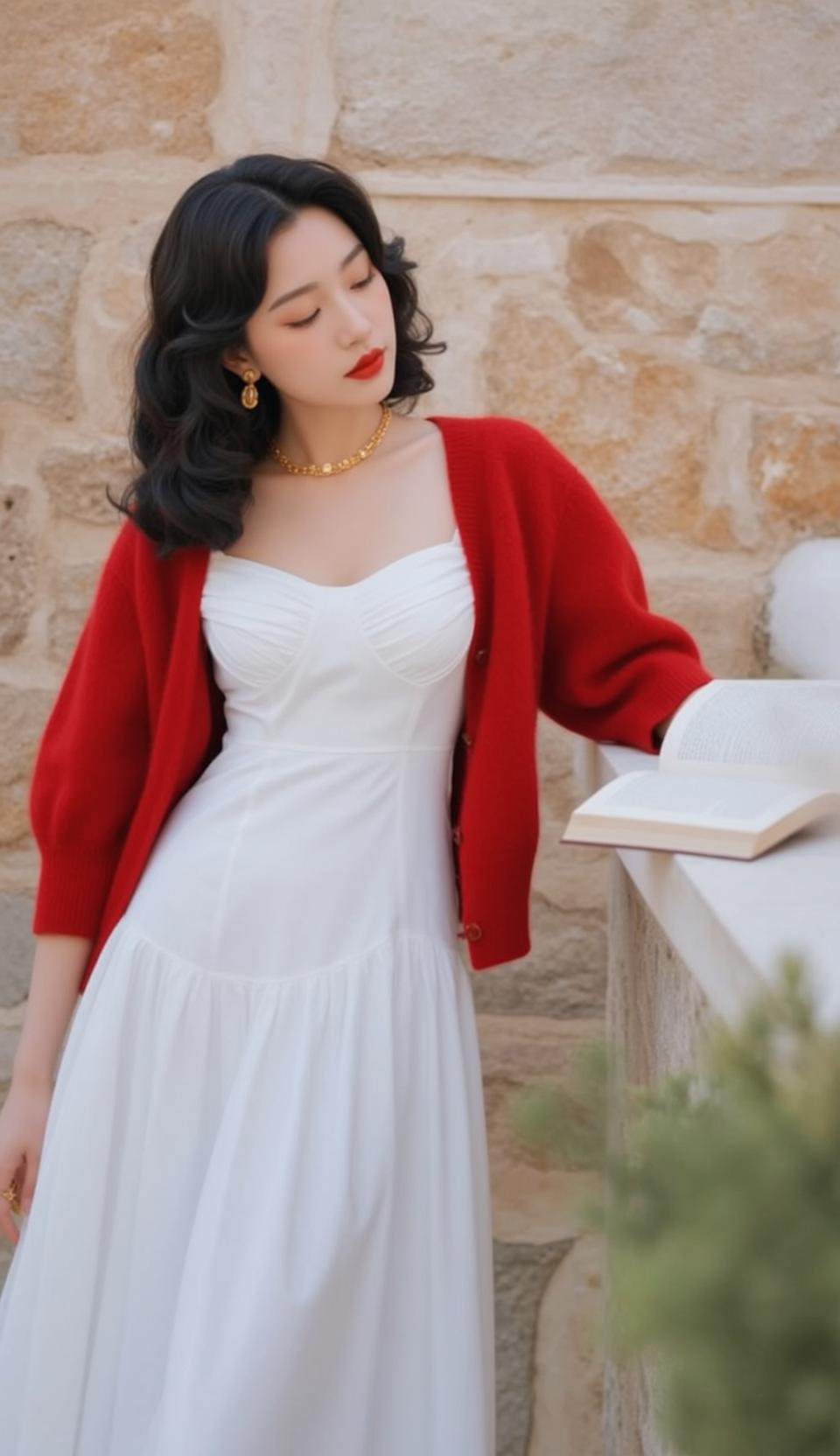 Red Cardigan White Dress Outdoor Patio