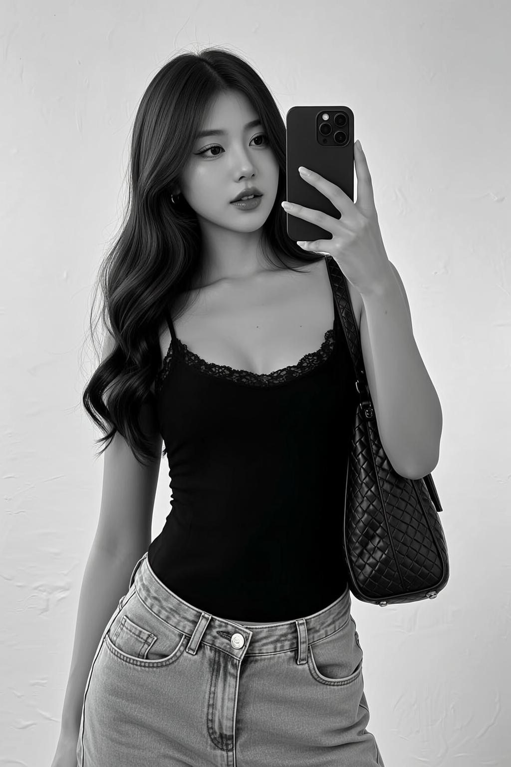 Black Lace Trimmed Camisole In Indoors Textured