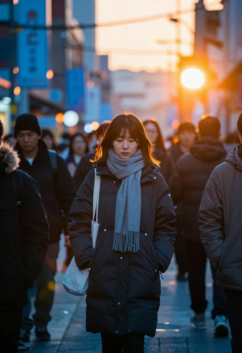 Cinematic Street Scene Captures Solitary Woman Walking Through Bustling Crowd