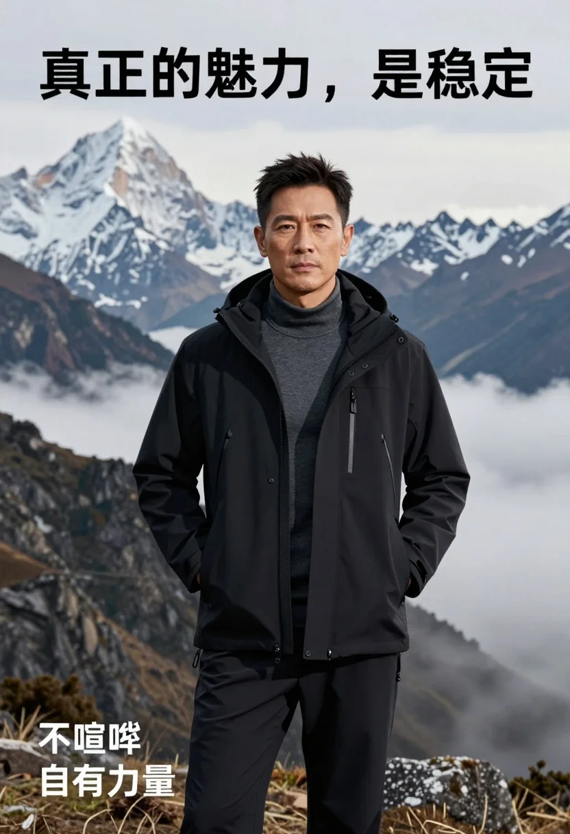 Confident Asian Man Stands Rugged Mountain Landscape With Snow-capped Peaks
