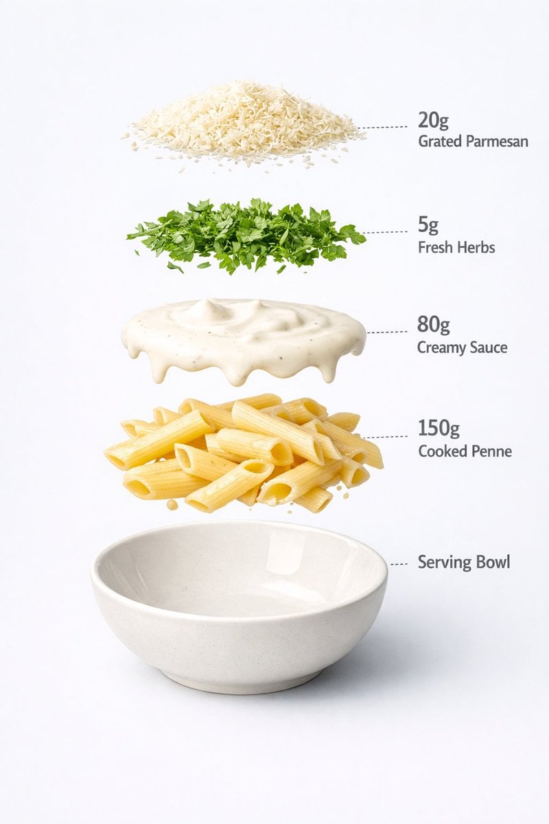 Creamy White Sauce Penne Pasta In Ceramic Bowl