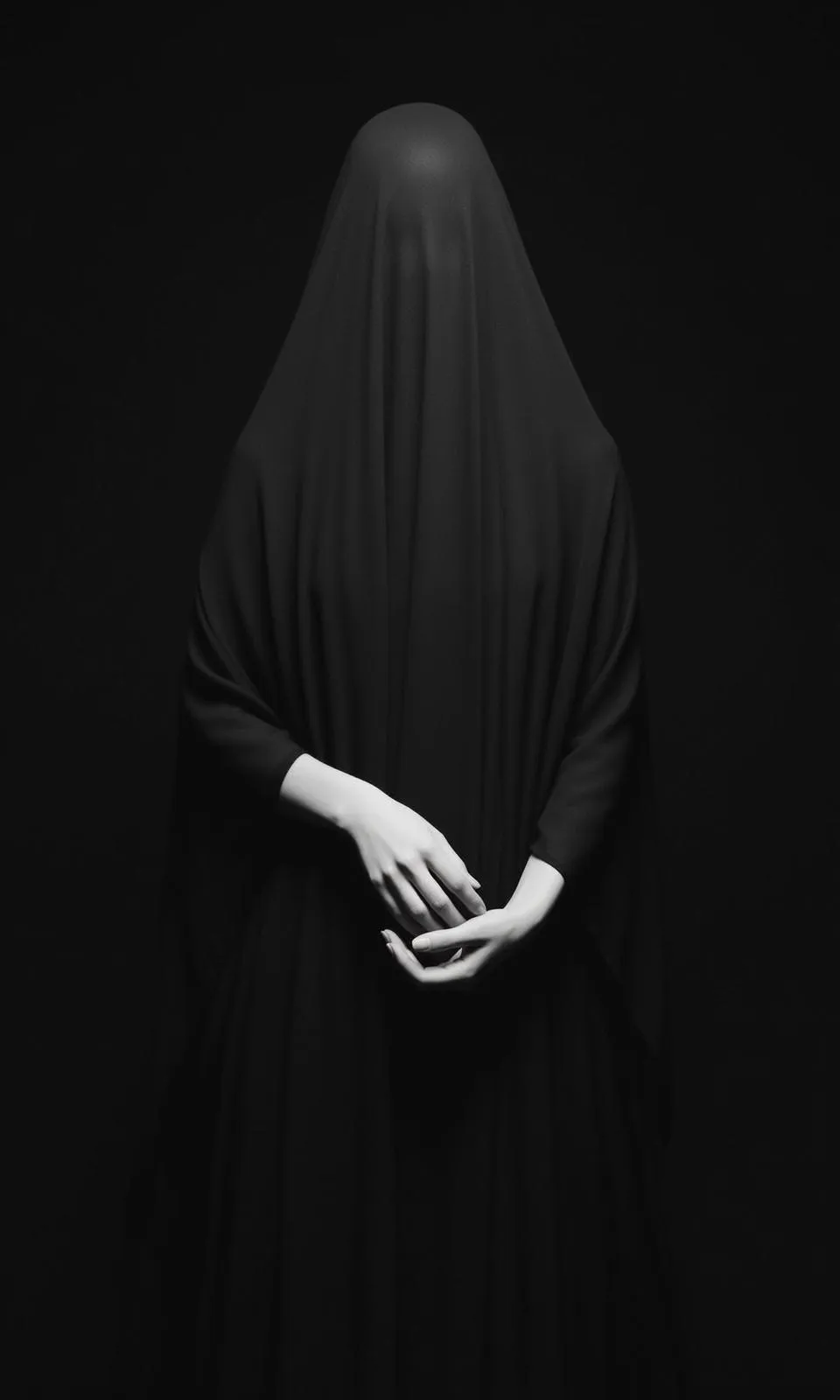Full-body Vertical Photorealistic Portrait Person Draped Flowing Black Fabric That
