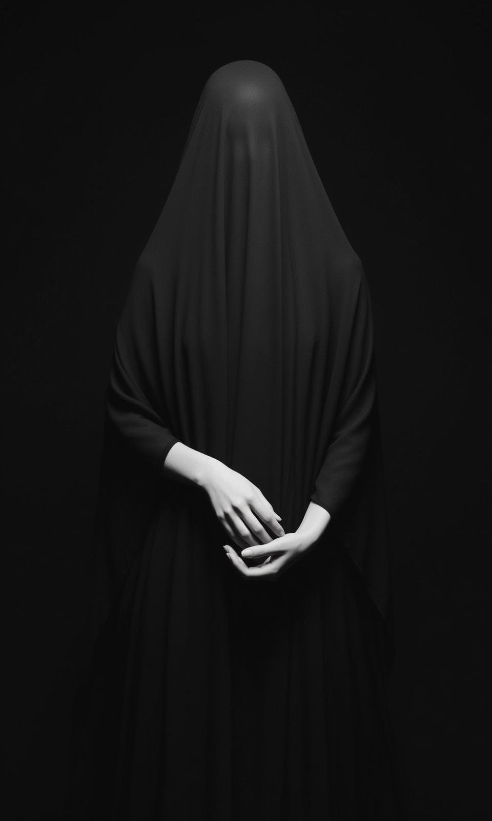 Full-body Vertical Photorealistic Portrait Person Draped Flowing Black Fabric That