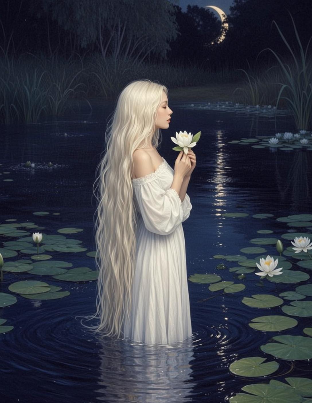 Offtheshoulder White Peasant Blouse and White Skirt on Moonlit Pond