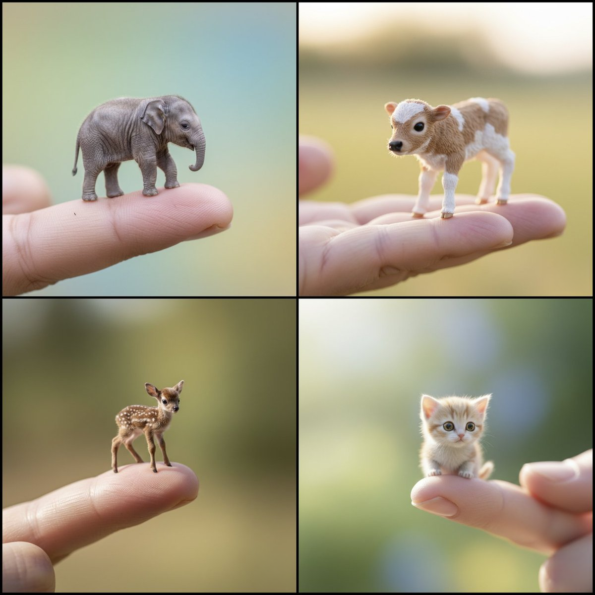 A microscopically small baby elephant on a fingertip, showcasing its textured skin and gentle gaze.
