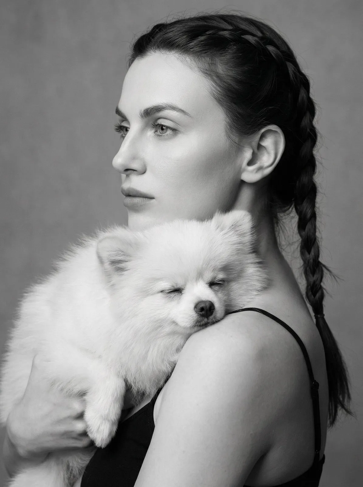 Realistic Studio Profile Woman Dog Black White