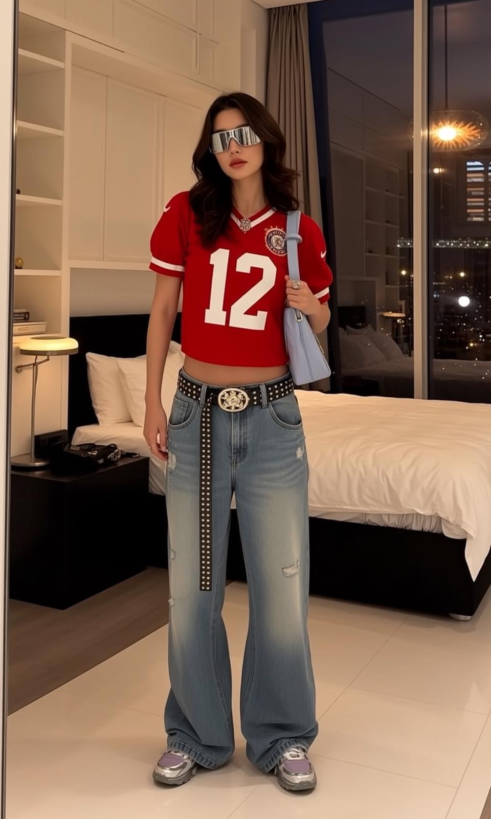 Red Crop Top Wide Leg Jeans Futuristic Sunglasses