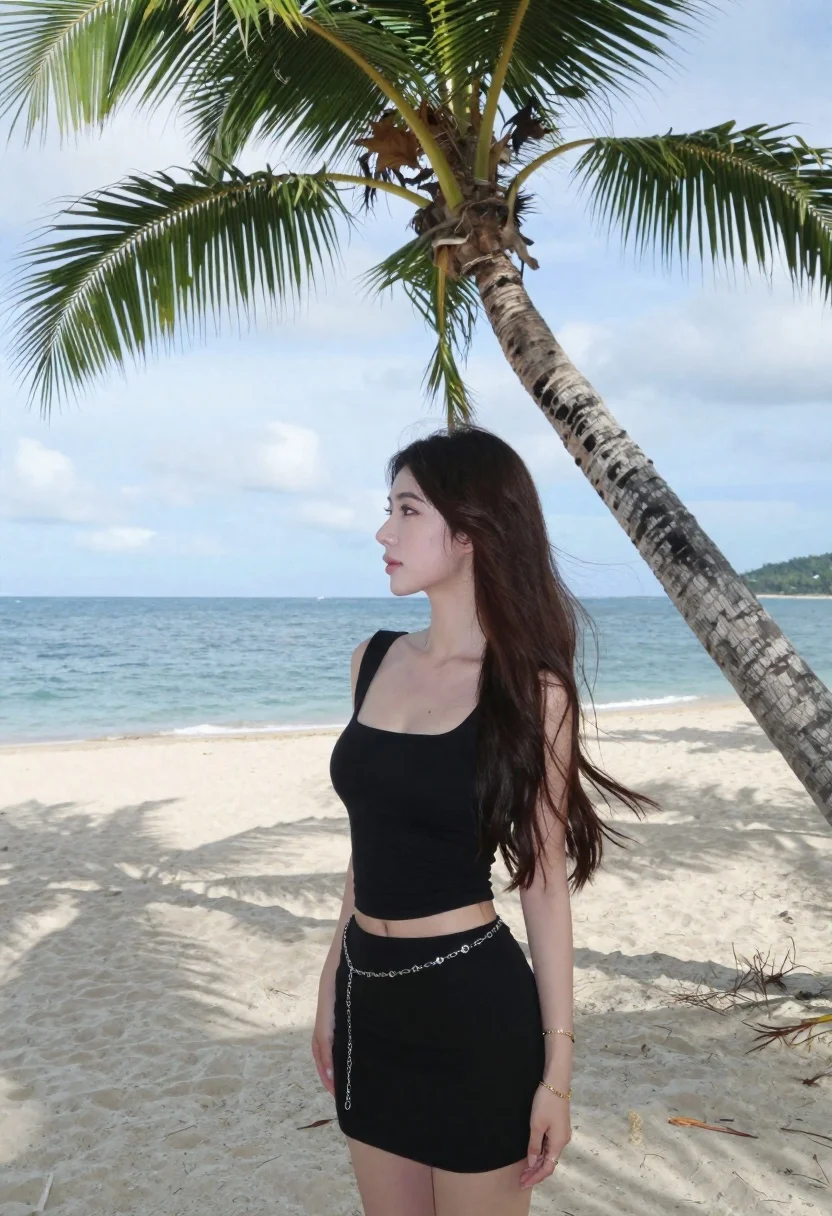 Woman Stands Profile Sandy Beach Under The Shade Leaning Palm reference photo