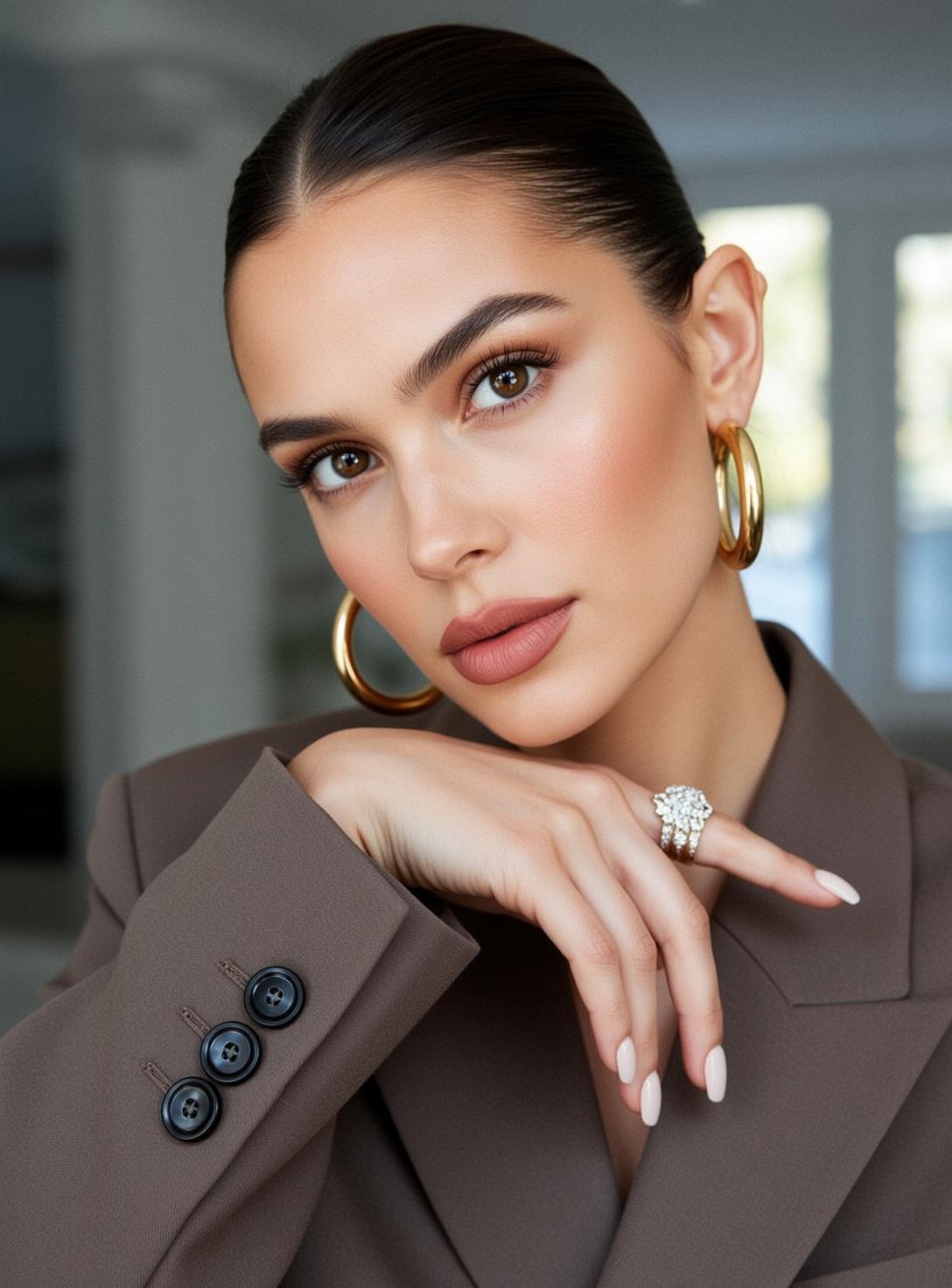 Young Woman Brown Blazer Gold Earrings Soft Gaze