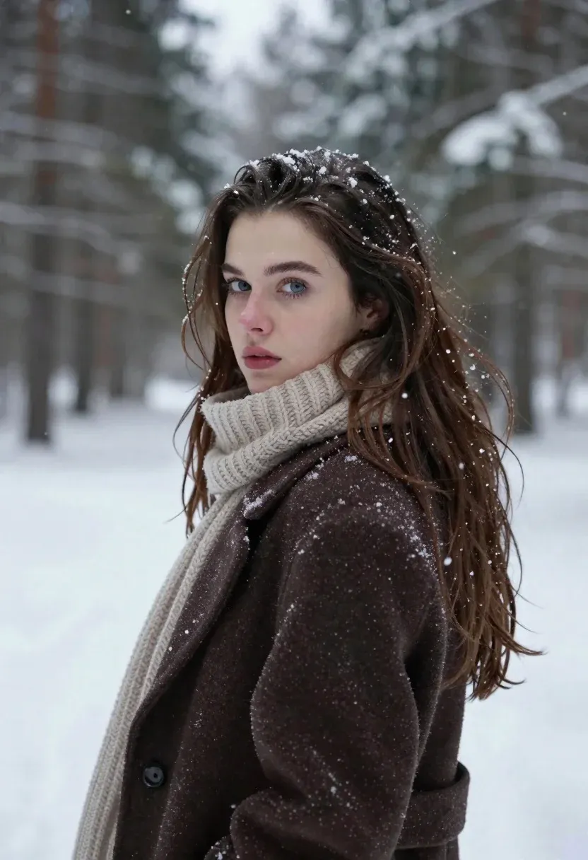 Young Woman With Long Brown Hair Stands Snowy Forest Looking