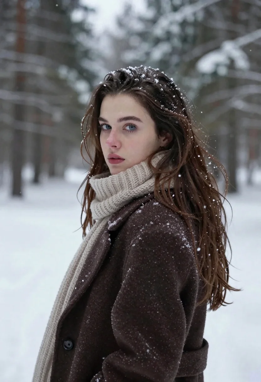 A young woman with long brown hair in a snowy forest, gazing back over her shoulder, surrounded by softly diffused light.