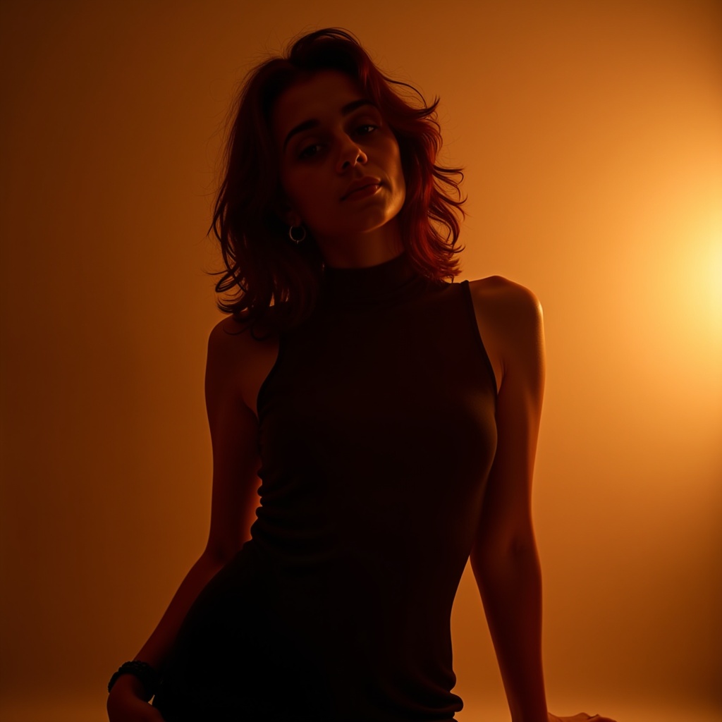 Close-up of a silhouette model showcasing dramatic lighting in a golden hour setting.