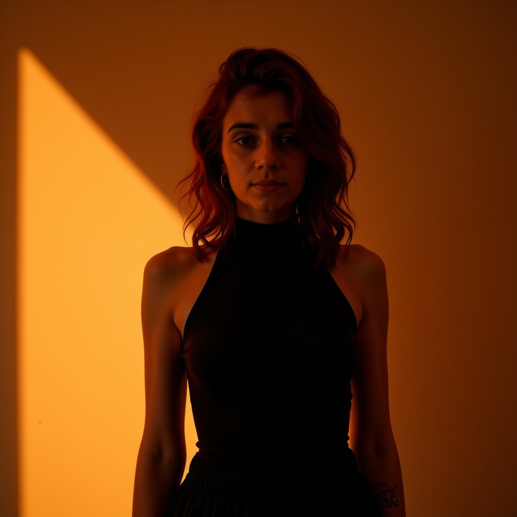 Cinematic shot of a female model featuring exaggerated contrasts against a rich backdrop.