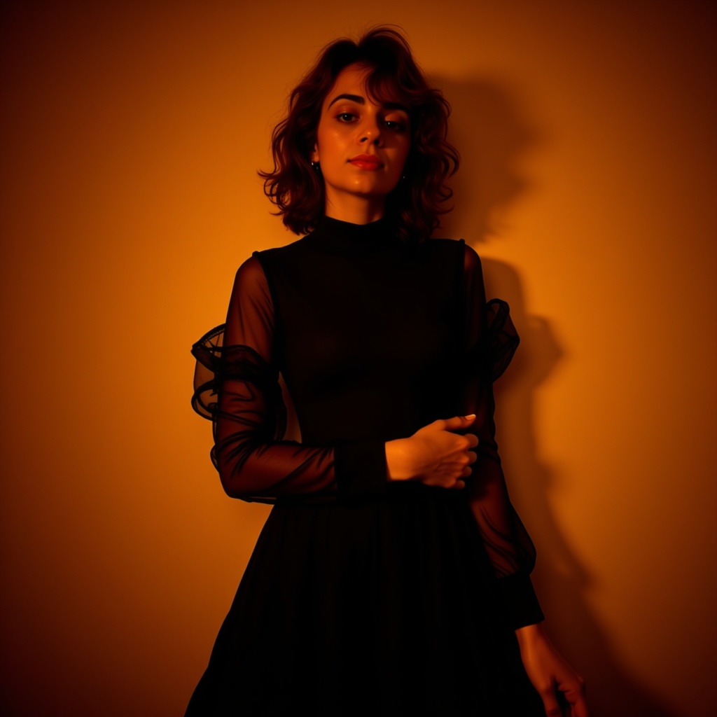Profile portrait of a young adult model beautifully lit in sepia-colored fashion editorial.
