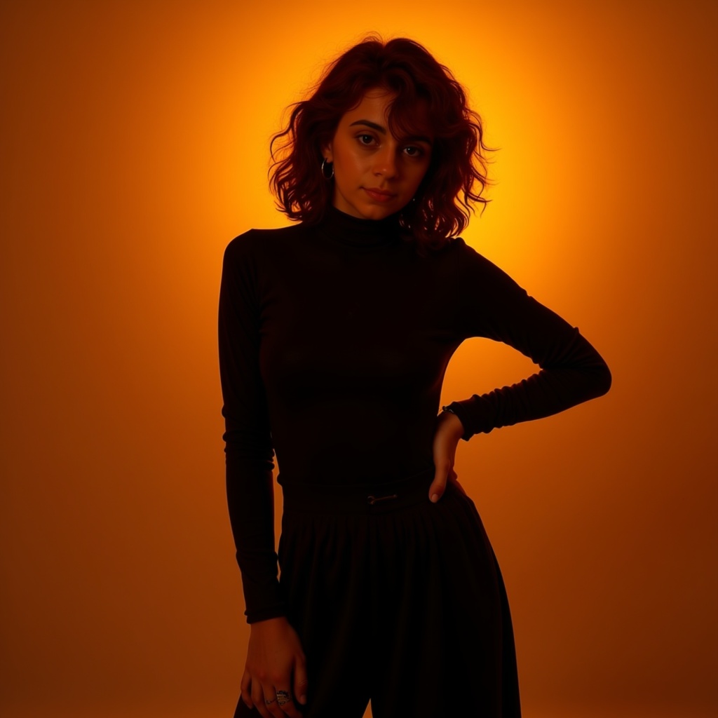 Dynamic pose of model against a warm gradient with a strong focus on detailed features.